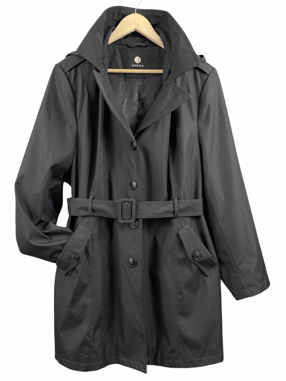 Jessica Black Belted Mid Length Trench Coat Removable Hood Size 2X